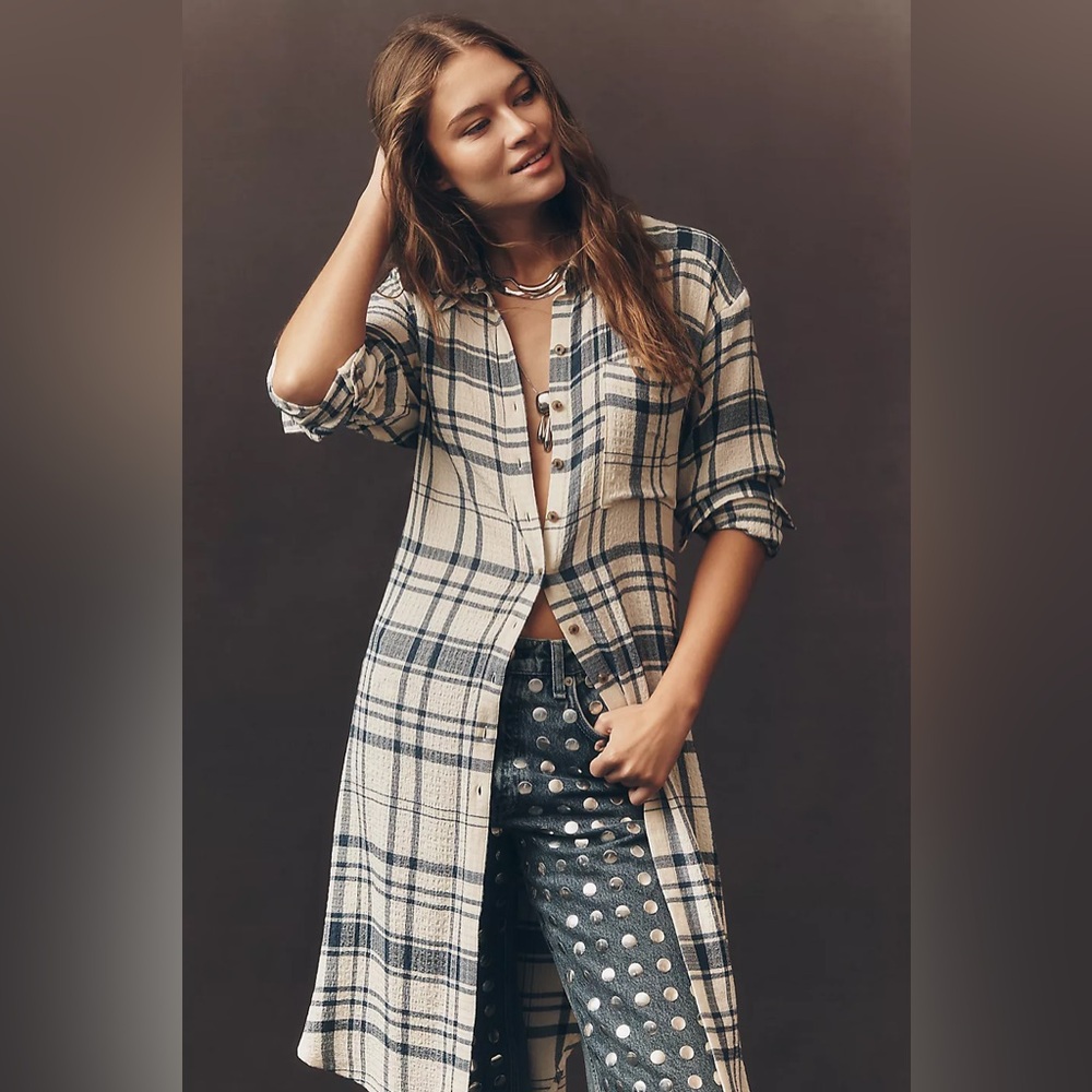 Anthropologie Pilcro Side-Slit Maci Tunic Buttondown in Ivory Plaid, size L, NWT